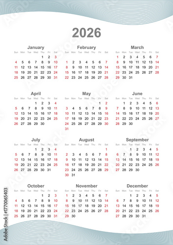 Calendar vector template for 2026 year. Week Starts on Sunday. Transparent PNG version.