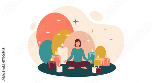 A serene illustration depicts a person meditating surrounded by glowing candles, promoting relaxation and mindfulness in a peaceful setting.
