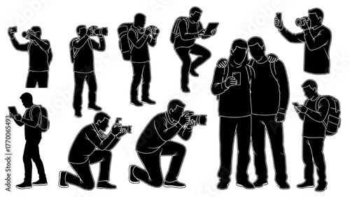 Tourists taking photos silhouette pictogram on white background