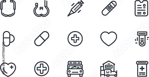 A collection of healthcare-related icons, including medical tools, pills, and symbols, representing health and wellness in a minimalist style.