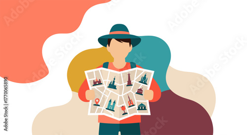 A traveler wearing a hat and backpack studies a map, planning a journey to iconic landmarks, with abstract colorful shapes in the background.