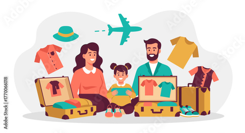 A happy family prepares for their upcoming vacation, packing suitcases with clothes and anticipating their exciting travel adventure by plane.