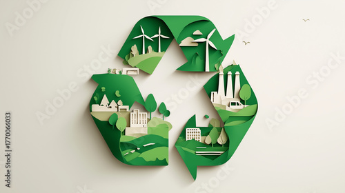 Recycle symbol of sustainability in green eco city, alternative energy and ecology conservation concept in paper art craft style