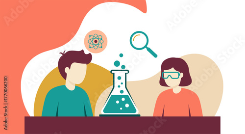 A vibrant illustration depicts two students observing a scientific experiment with a beaker, atom, and magnifying glass, symbolizing education and discovery.
