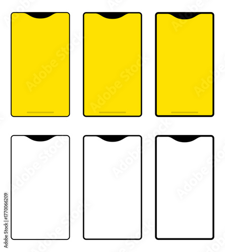 シンプルなスマホ・スマートフォンのフレーム・モックアップ・テンプレート素材　３種類の、枠・フレームの太さ　上段がスクリーン部分がイエローな背景色・下段がノッチとフレームのみ（スクリーン部分が空白・透過）　正面　セット　ベクター／透過PNG／JPEG白背景