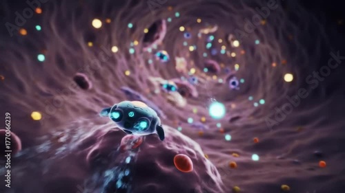 Microscopic submersible traveling through biological channel with colorful suspended particles