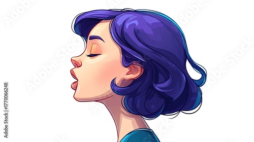 Illustration of a woman with purple hair in profile.