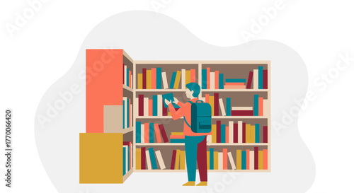 An illustration depicts a student with a backpack selecting a book from a library shelf filled with various colorful books, representing education.