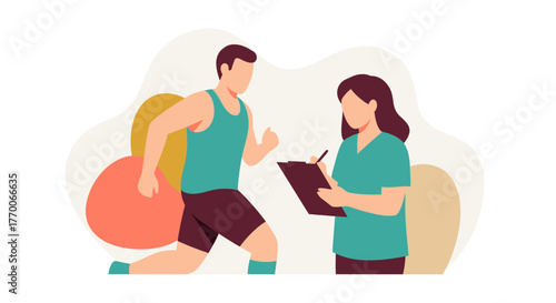 A fitness professional observes a client's running form, providing guidance and recording progress for optimal performance and health.