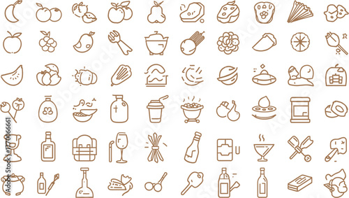 A collection of various food and beverage icons, including fruits, vegetables, drinks, and cooking utensils, in a simple line art style on a white background.
