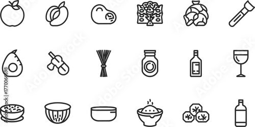 A collection of various food and drink icons, including fruits, vegetables, pasta, and beverages, in a simple, minimalist line art style.