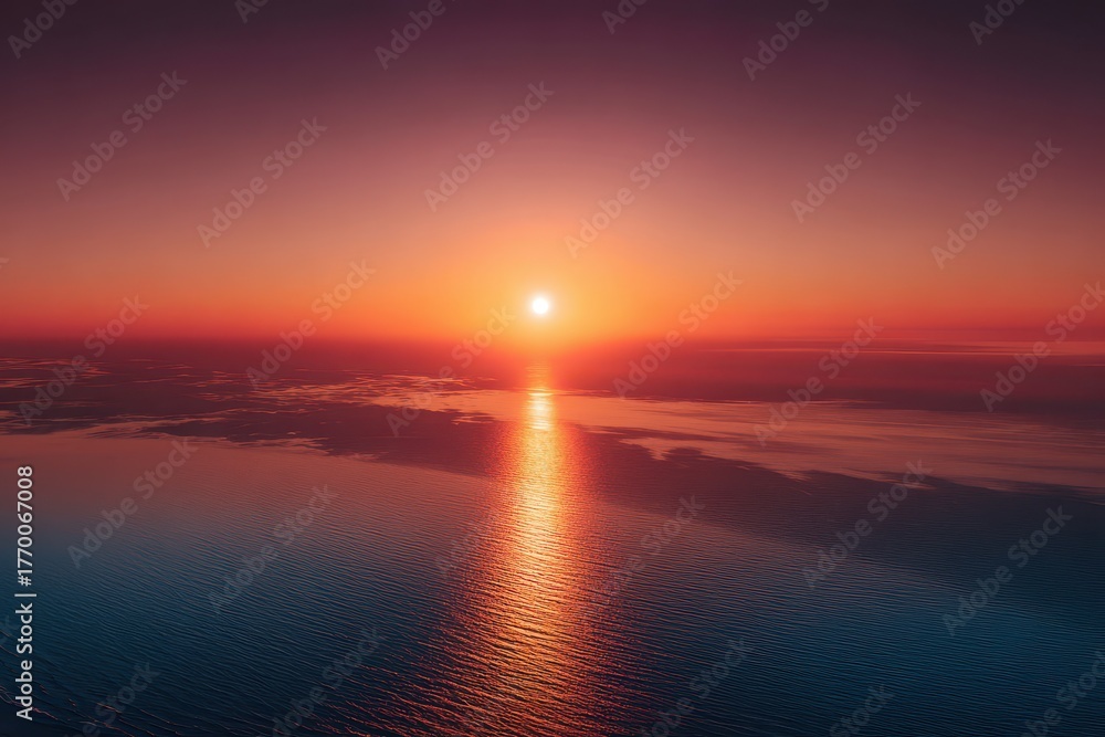 Fototapeta premium Wide aerial view of a stunning sunrise over the ocean reflecting warm hues and calm waters in a minimalistic setting