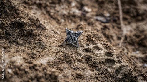 insignia. Crushed military insignia lies in mud amid scattered footprints, earthy tones. ESG reports, sustainability campaigns, designed for environmental awareness campaigns.