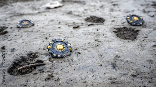 insignia. Crushed military insignia lies in mud amid scattered footprints, earthy tones. ESG reports, sustainability campaigns, designed for environmental awareness campaigns.