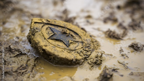 insignia. Crushed military insignia lies in mud amid scattered footprints, earthy tones. ESG reports, sustainability campaigns, designed for environmental awareness campaigns.