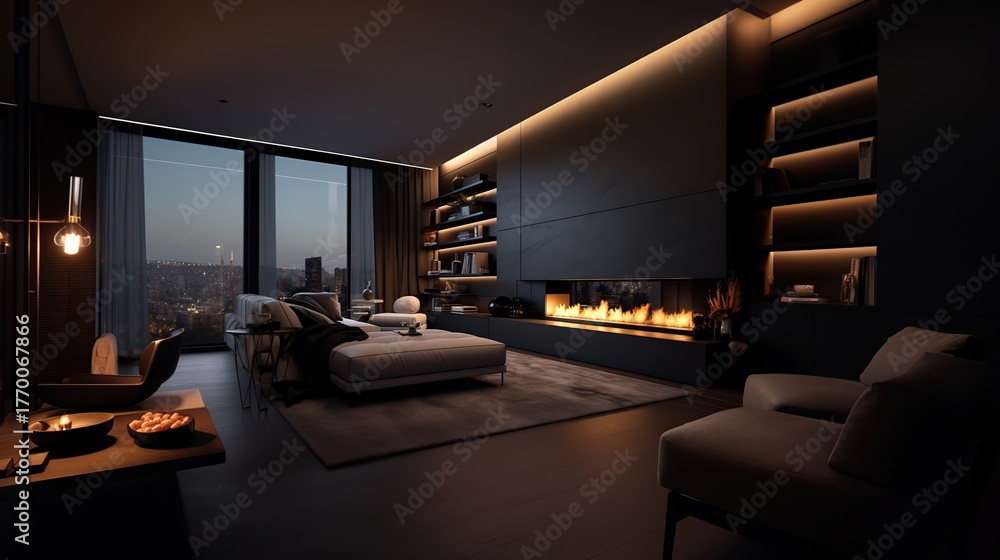 Obraz premium Luxurious modern living room with a panoramic view and a striking fireplace