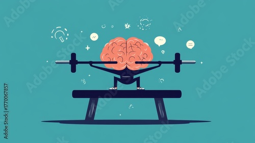 brain on workout bench lifting dumbbells, humorous and inspiring flat vector illustration, concept of concentration and brain fitness