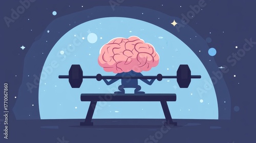 brain on workout bench lifting dumbbells, humorous and inspiring flat vector illustration, concept of concentration and brain fitness