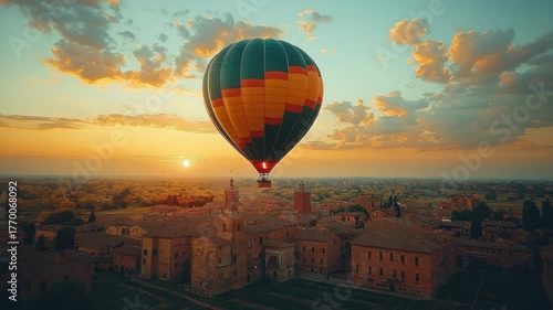 Hot air balloon flight over city at sunrise