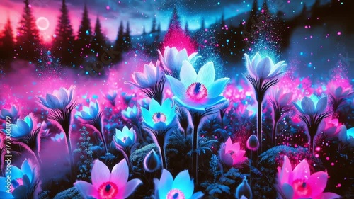 Video of glowing white flowers at twilight with neon cyberpunk lighting and magical mood.

