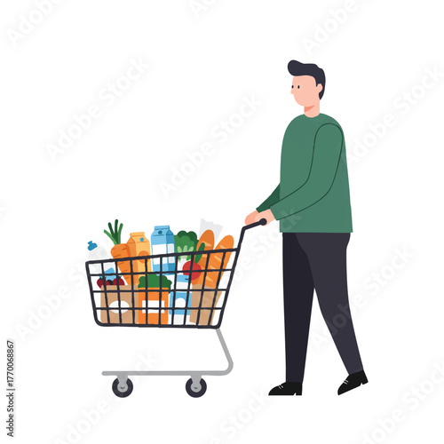 A 2D flat minimalistic vector illustration shows a man pushing a fully loaded shopping trolley of colorful groceries on an isolated clean white background.