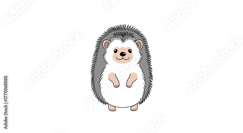 A cheerful, hand-drawn hedgehog with gray quills and a white belly smiles brightly on a clean white background.
