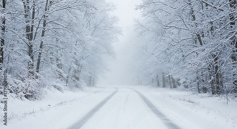 Obraz premium Winter Wonderland A Snowy Road Beckons Through the Forest, Serene and Pristine