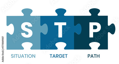 STP - situation target path. business concept background. vector illustration concept with keywords and icons. lettering illustration with icons for web banner, flyer, landing page, presentation