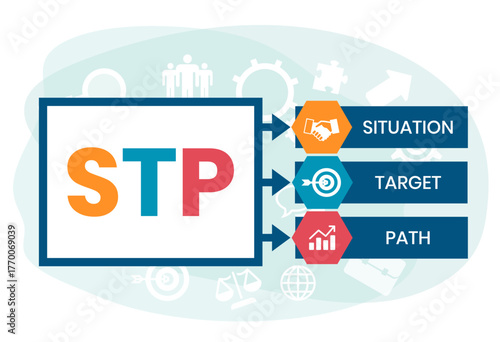 STP - situation target path. business concept background. vector illustration concept with keywords and icons. lettering illustration with icons for web banner, flyer, landing page, presentation