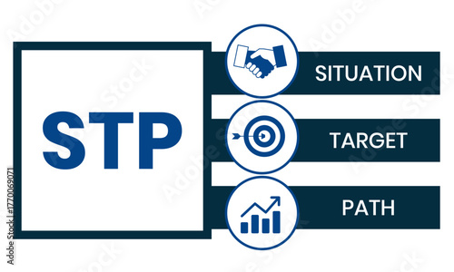 STP - situation target path. business concept background. vector illustration concept with keywords and icons. lettering illustration with icons for web banner, flyer, landing page, presentation