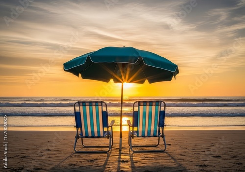 Two beach chairs under an umbrella on the sand facing the ocean at sunset with a golden sky view scene
