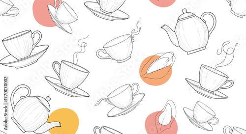 Abstract seamless pattern of hand-drawn teacups, saucers, teapots, and steam elements, with colorful pastel circles on a white background.