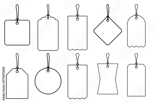 Collection of blank price tags and labels in multiple shapes like square, circle, and diamond with metal eyelets isolated on a white background for retail and marketing.