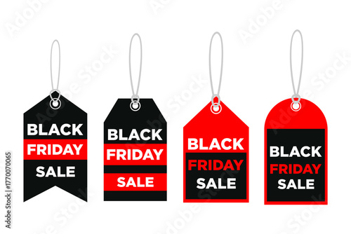 Four black and red sale tags for Black Friday shopping isolated on a white background. Different shapes and designs.