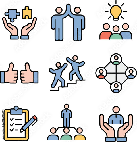 Set of Business Teamwork & Collaboration Icons – Puzzle, Team Building, Networking