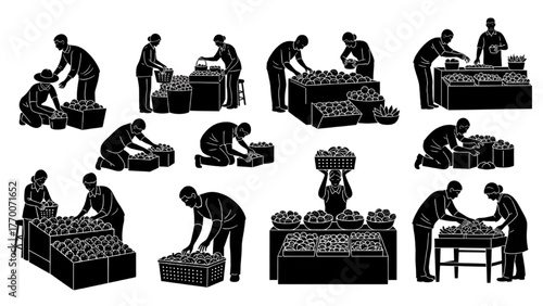 People picking fruits and vegetables silhouette pictogram with baskets and stalls outlined, minimal vector illustration