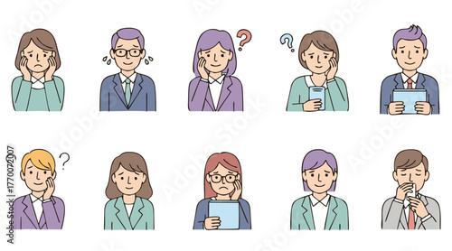 Pixelated vector icon set of diverse people expressing confusion, stress, and worry. Collection of various troubled and questioning facial expressions.