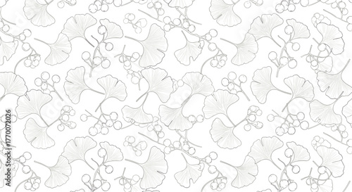 Seamless pattern with delicate ginkgo leaves and berries outlined in light silver-grey on a clean white background, conveying natural elegance.