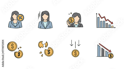 Hand-drawn style vector icon set for financial crisis and economic downturn. Symbols for bankruptcy, job loss, recession, and market fall in soft colors.