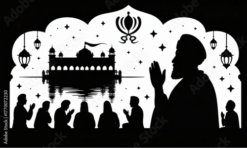 Guru Nanak Gurpurab black silhouette vector,Golden Temple, Guru Nanak Dev Ji, Sikh religion, peace and spirituality concept illustration