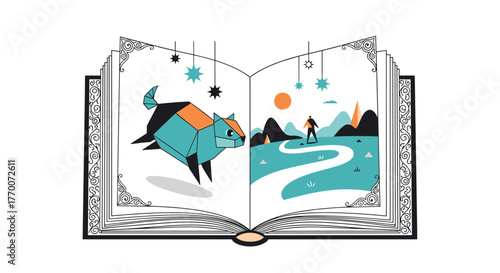 An open book displays an origami dog on one page and a person walking on a path through a landscape on the other.