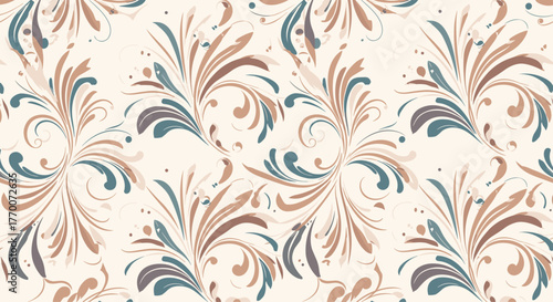 Seamless pattern of swirling floral motifs in brown, teal, and beige on a cream background.