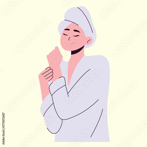 woman applying perfume or body lotion after skincare routine illustration