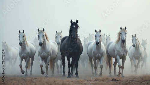Black horse leads large herd of white horses galloping through misty field. Wild animals run towards viewer creating dust. Majestic equine group shows power, freedom, contrast, unity, leadership.