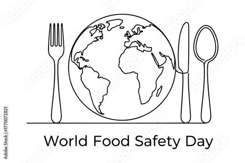 World Food Safety Day,
Continuous Line Art of Globe and Utensils for World Food Safety Day,
Elegant Black and White Design Symbolizing Global Unity and Food Safety
