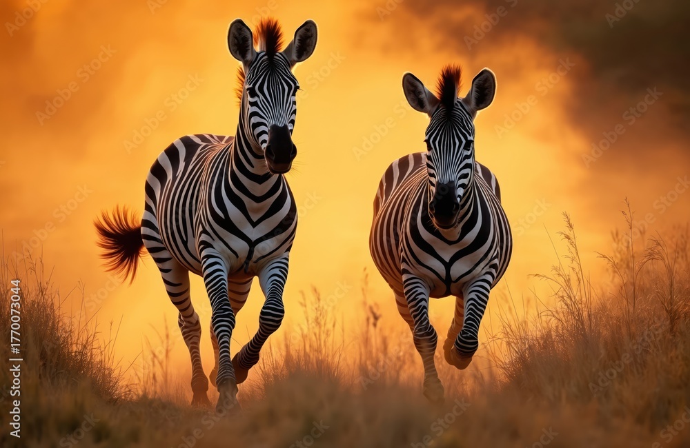 Fototapeta premium Two zebras run through tall grass at sunset. Zebras move fast towards camera. Black, white striped animals in savanna at golden hour. Wildlife scene with motion blur. Africa landscape with wild