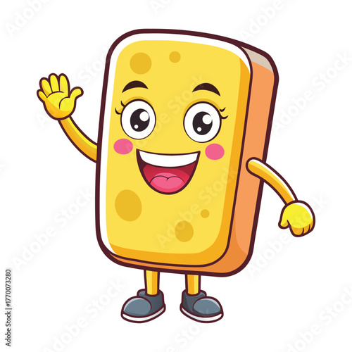 Happy cartoon sponge character waving hello with a friendly smile