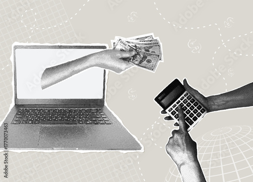Online transactions and financial settlements concept. Trendy halftone collage. Concepts for monetary rewards, salary increases, career advancement, and investments. Vector illustration.