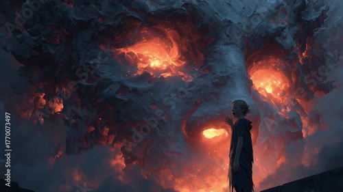 A mysterious being stands in a dark fantasy realm, surrounded by glowing embers and a giant fiery visage. The atmosphere is filled with magic and wonder as shadows dance around.