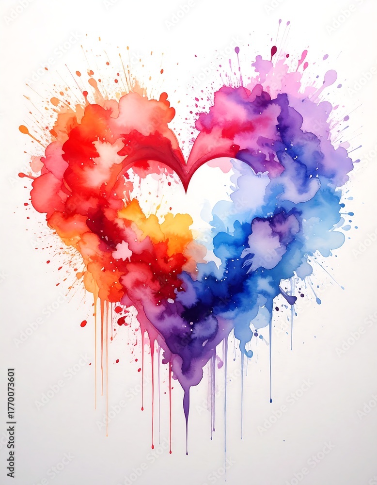 Fototapeta premium A vibrant watercolor heart exploding with colorful splashes on white